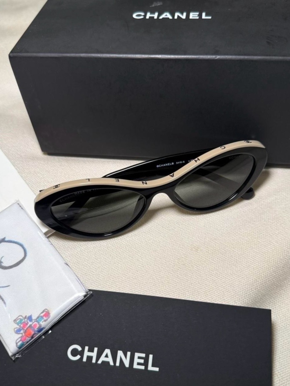 CHANEL Black and Beige Slim Cat-Eye Sunglasses